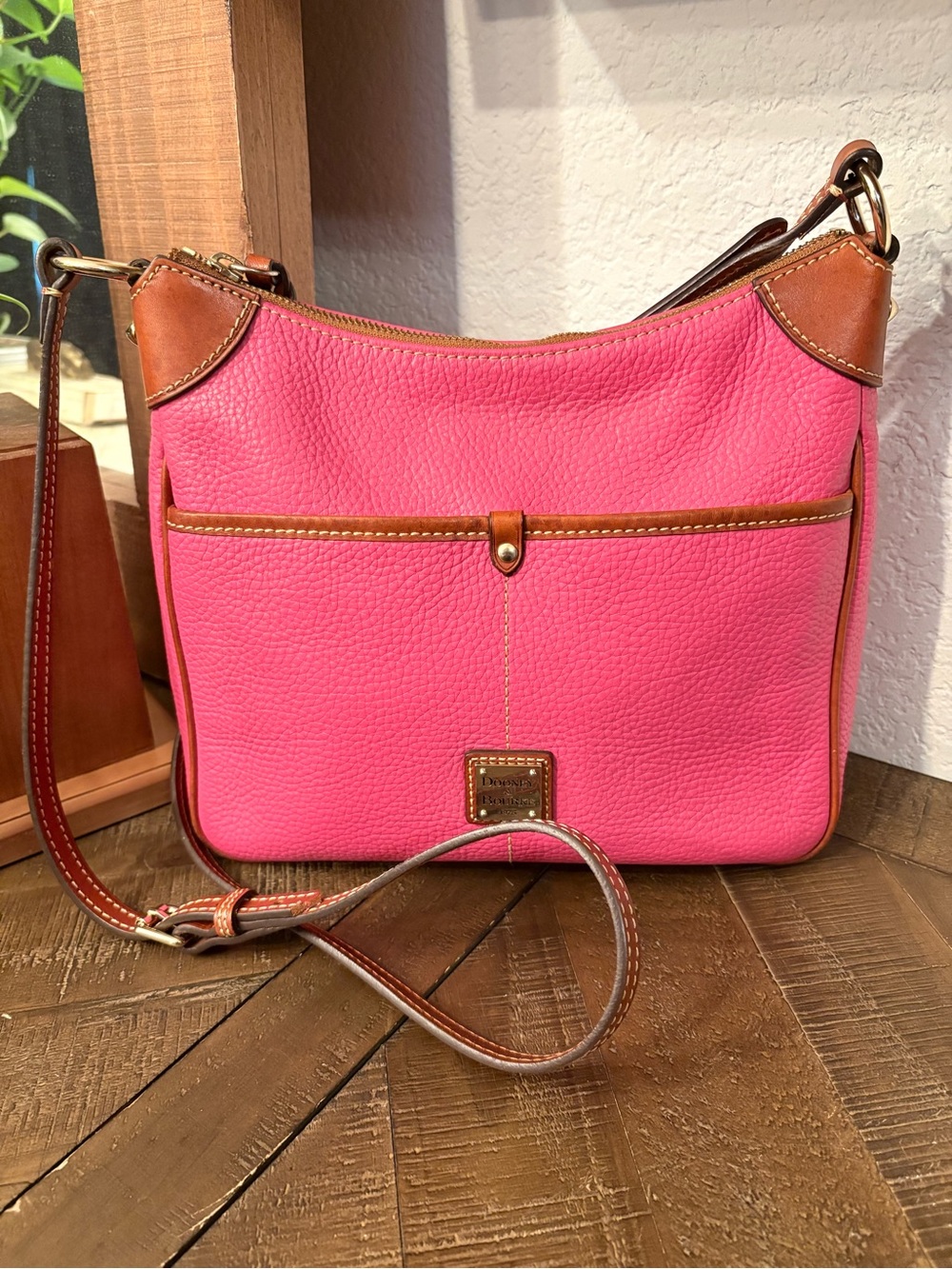 Dooney & Bourke Hot Pink Pebble Leather Crossbody with Tan Trim